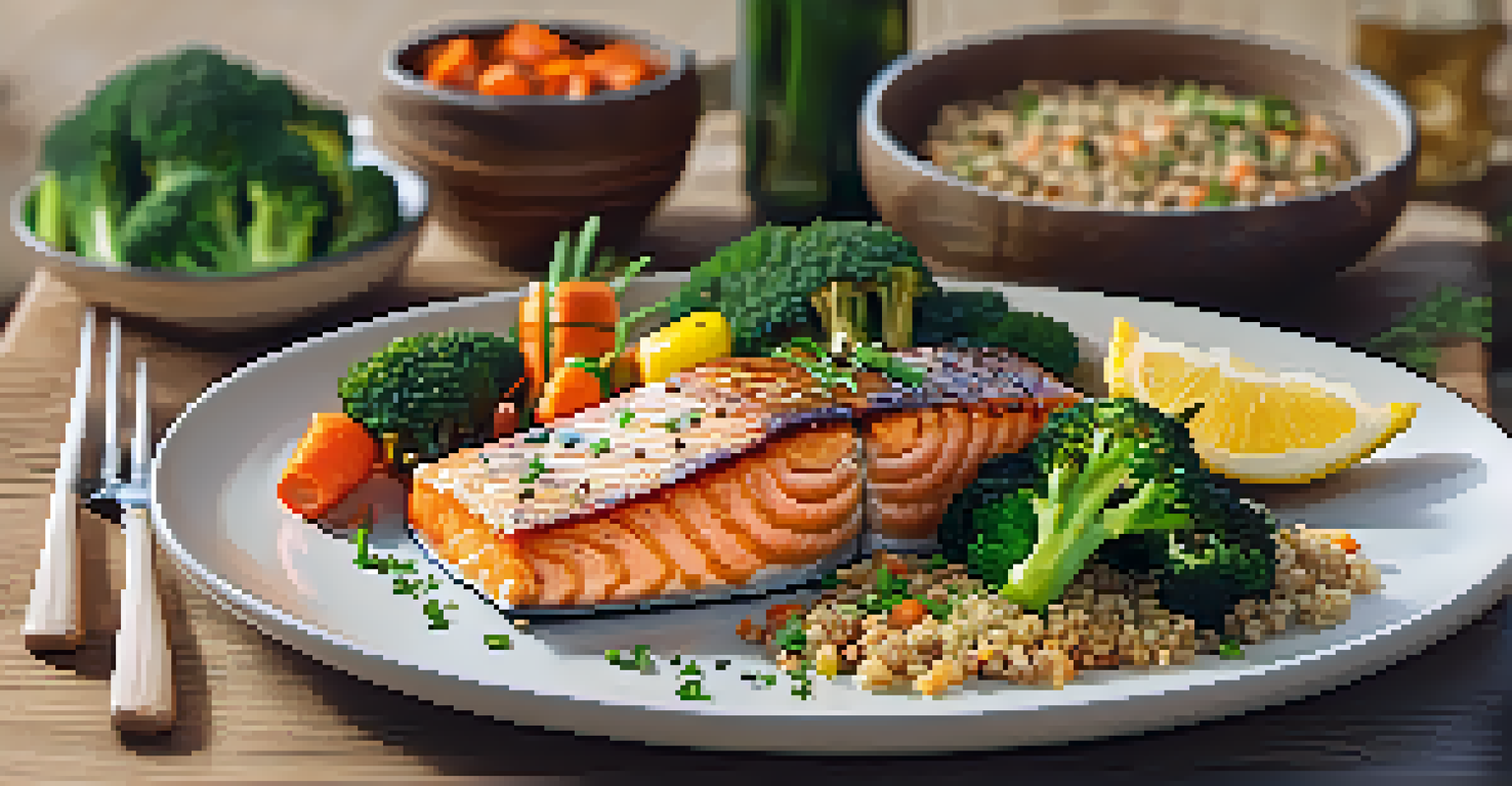 A beautifully arranged plate of grilled salmon, quinoa, and colorful vegetables, presented on a wooden table.