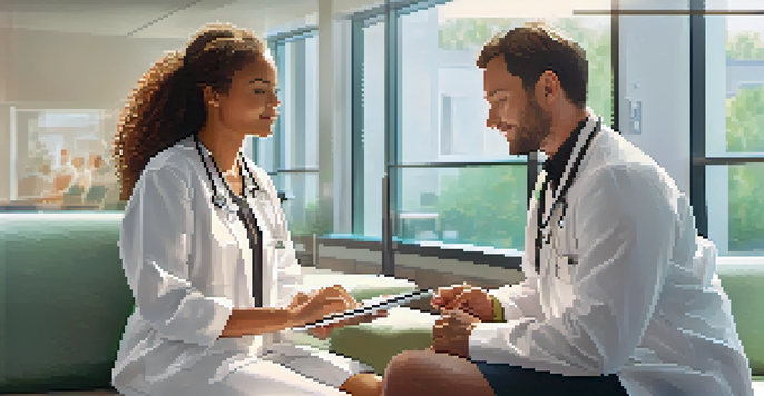A healthcare provider and patient in a modern clinic discussing treatment options using a digital tablet.