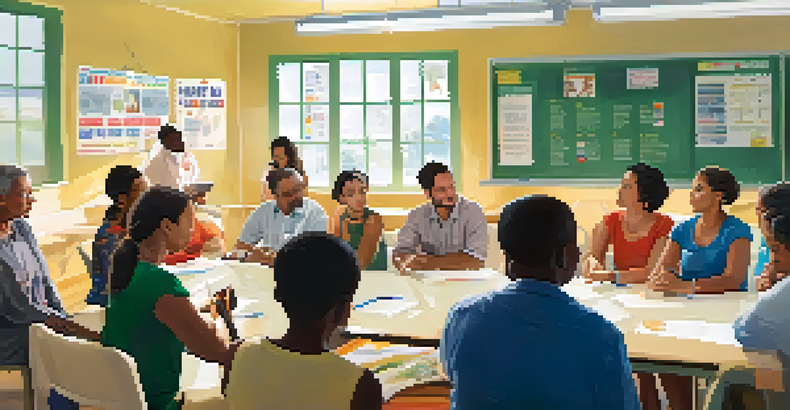A classroom workshop on disease prevention with a diverse group of adults listening to a speaker, informative posters on the walls, and a table of health resources.