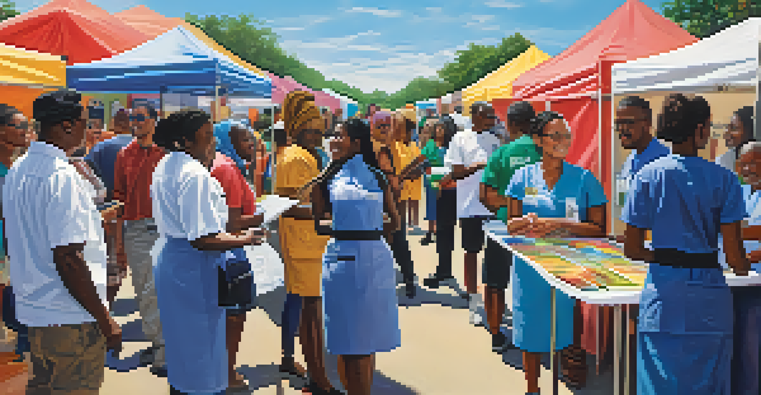 A healthcare worker interacting with a diverse group at an outdoor health fair focused on community health and universal health coverage.