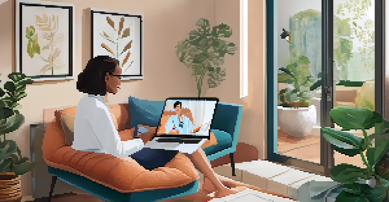 A patient having a telehealth consultation with a healthcare provider on a laptop in a cozy living room filled with plants.
