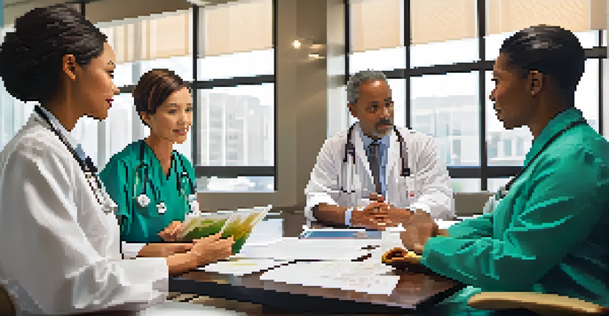 A diverse group of healthcare professionals, including a female Asian doctor, a male African nurse, and a middle-aged white woman, discussing health policy in a well-lit conference room with charts and graphs.