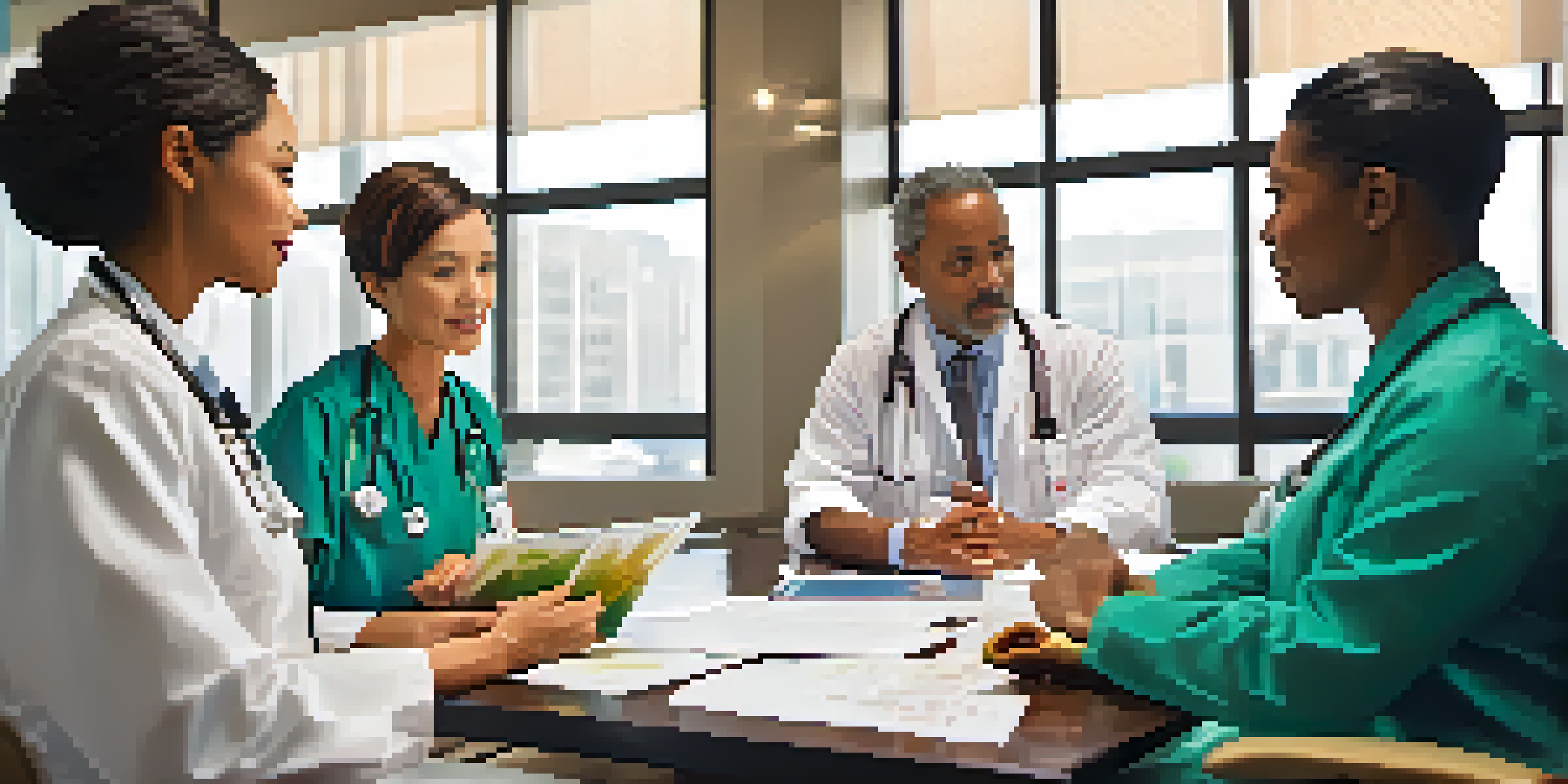 A diverse group of healthcare professionals, including a female Asian doctor, a male African nurse, and a middle-aged white woman, discussing health policy in a well-lit conference room with charts and graphs.
