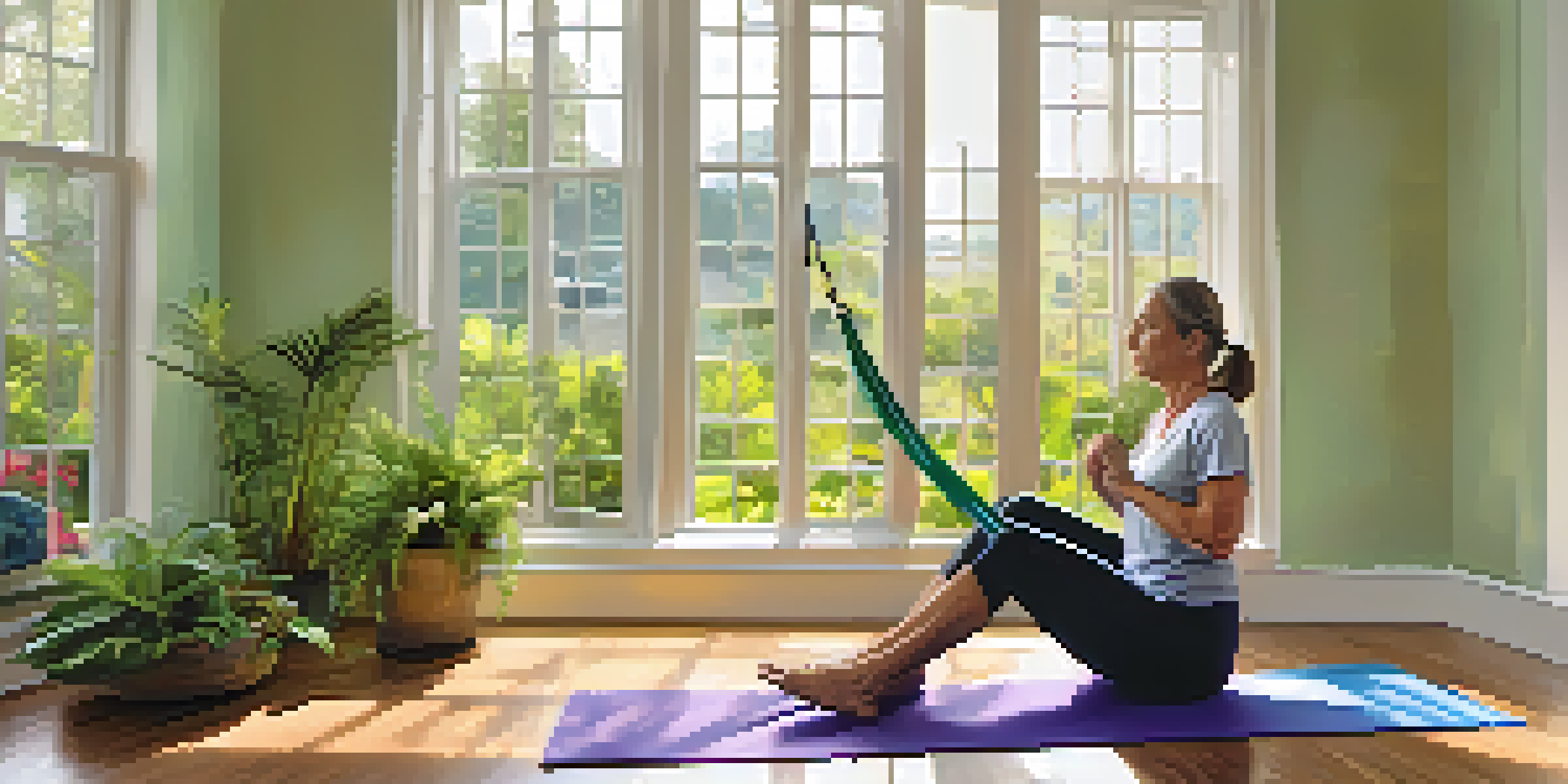 A middle-aged woman performing rehabilitation exercises with resistance bands in a bright room filled with natural light and a view of a green garden outside.