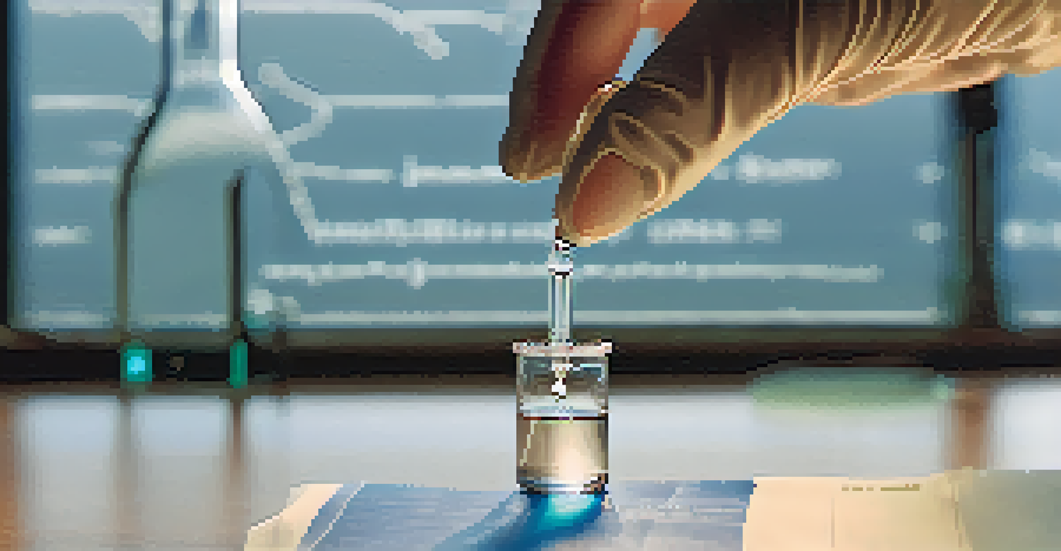 A scientist holding a water sample in a laboratory, with testing equipment and charts in the background.