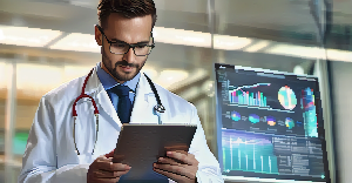 A healthcare professional in a white coat analyzing medical data on a tablet in a warm-lit hospital.