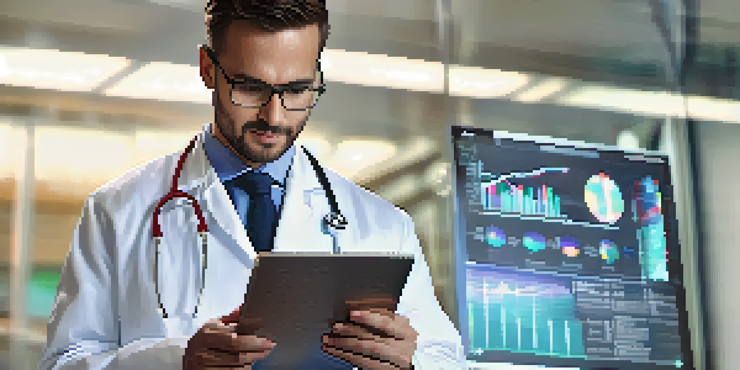 A healthcare professional in a white coat analyzing medical data on a tablet in a warm-lit hospital.