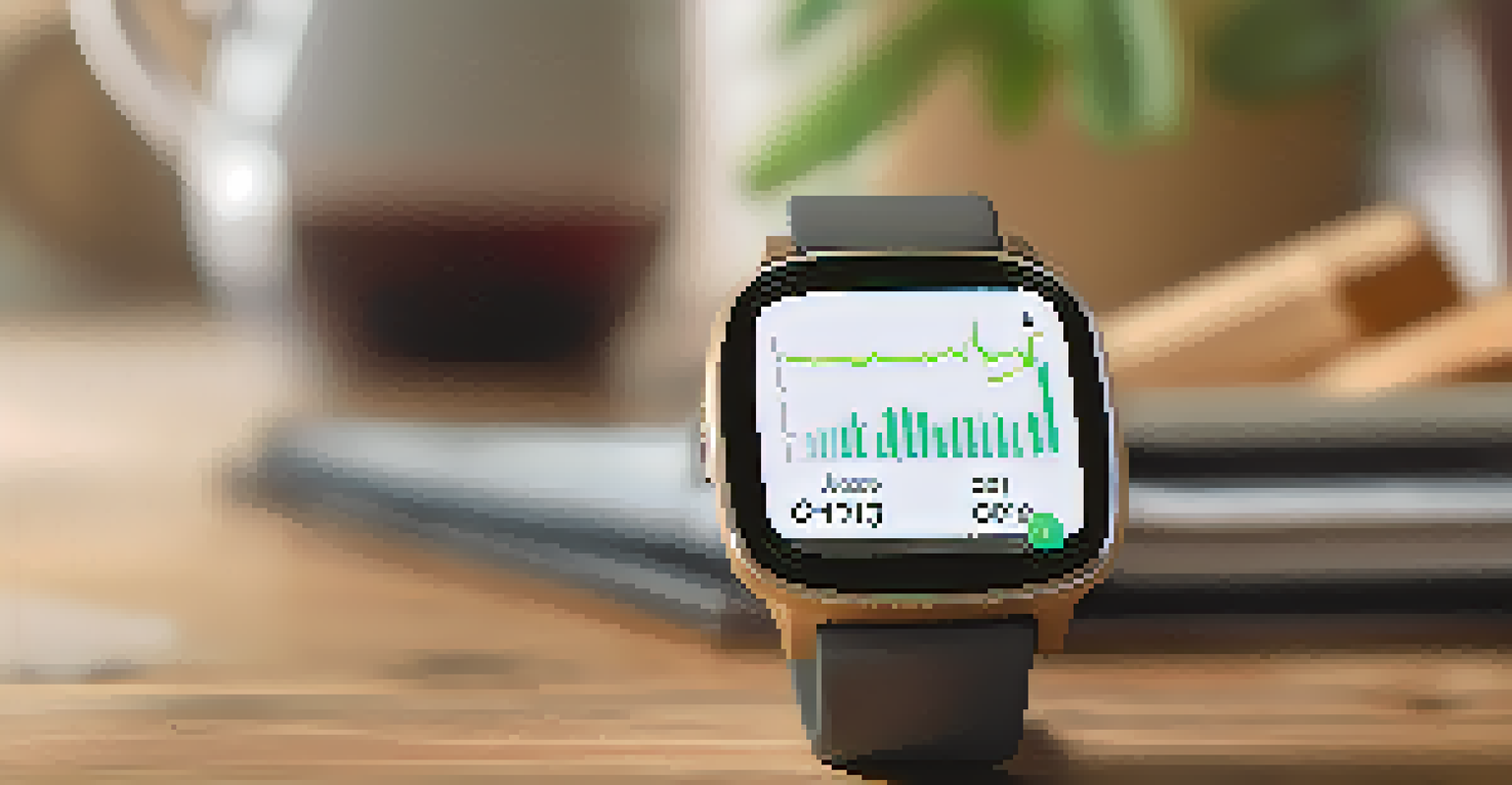 A close-up of a smartwatch showing health metrics, with a cup of herbal tea and a notebook in the background.