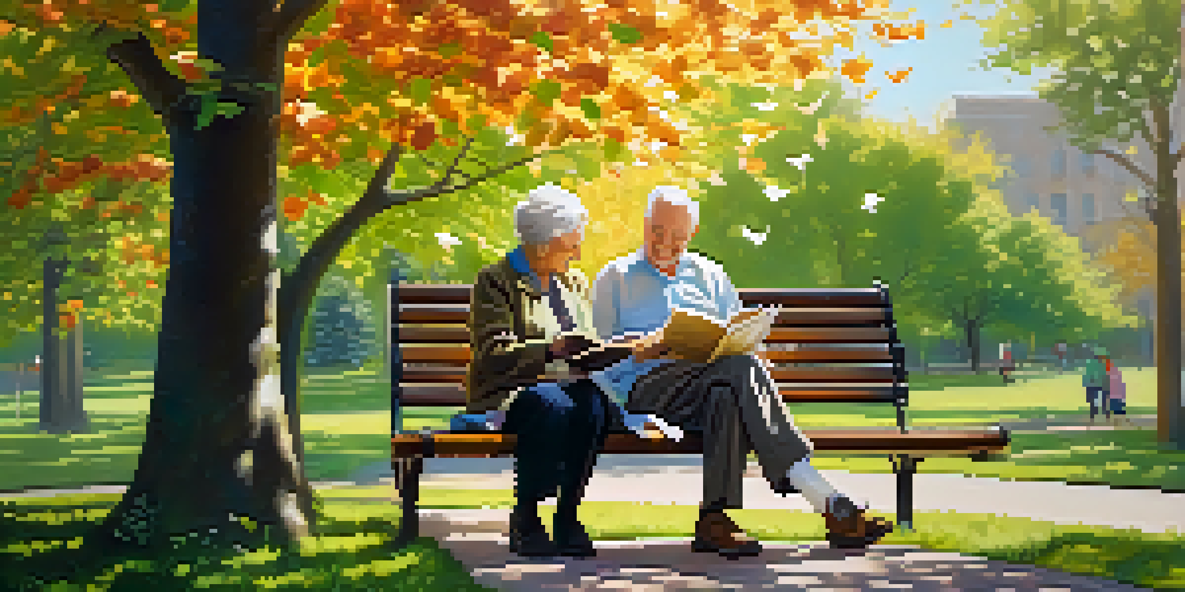 An elderly couple joyfully sharing a book in a sunny park surrounded by green trees and colorful flowers.