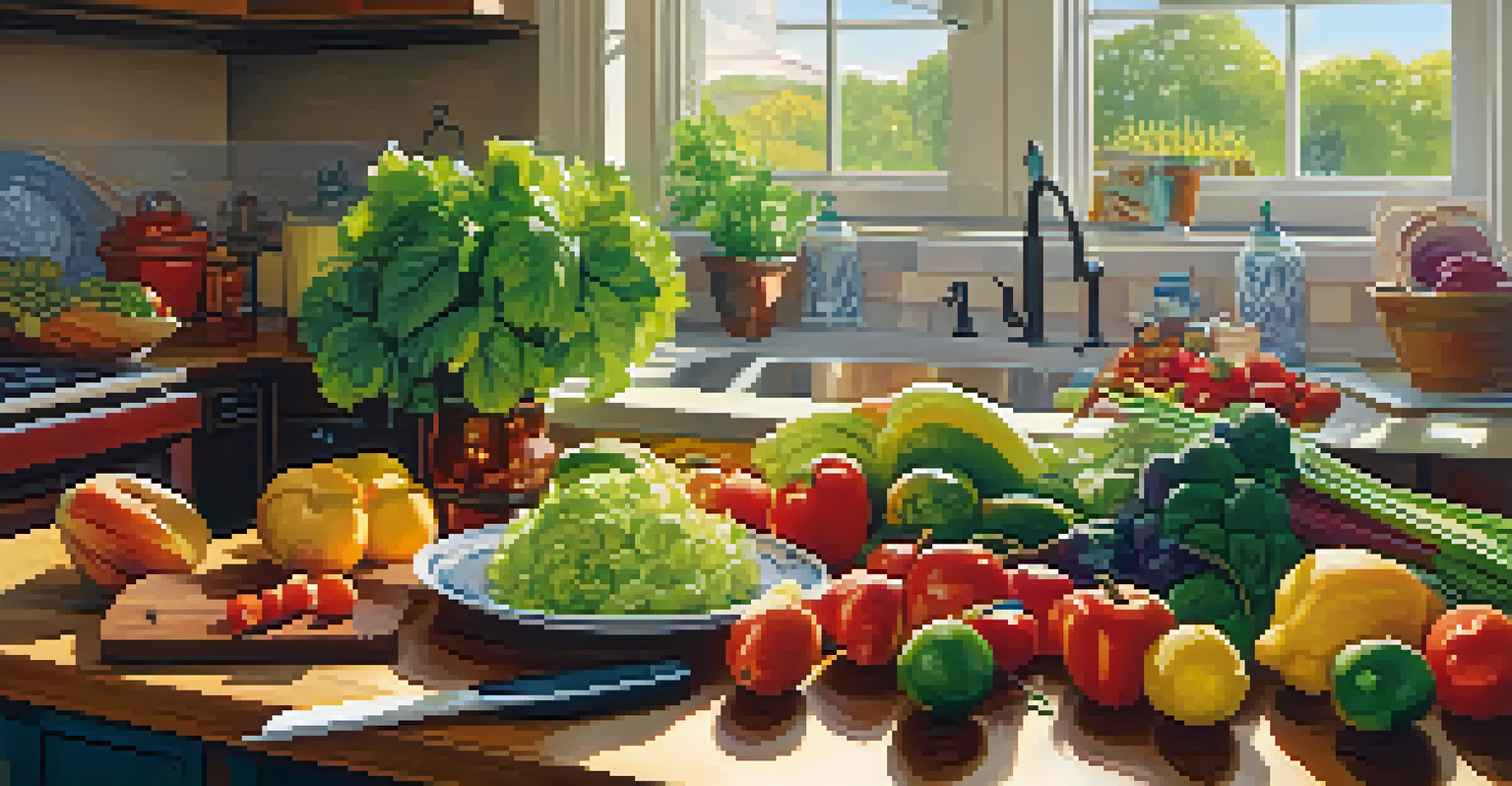 A bright kitchen filled with fresh produce and a colorful salad being prepared on a wooden cutting board, with sunlight creating a warm atmosphere.