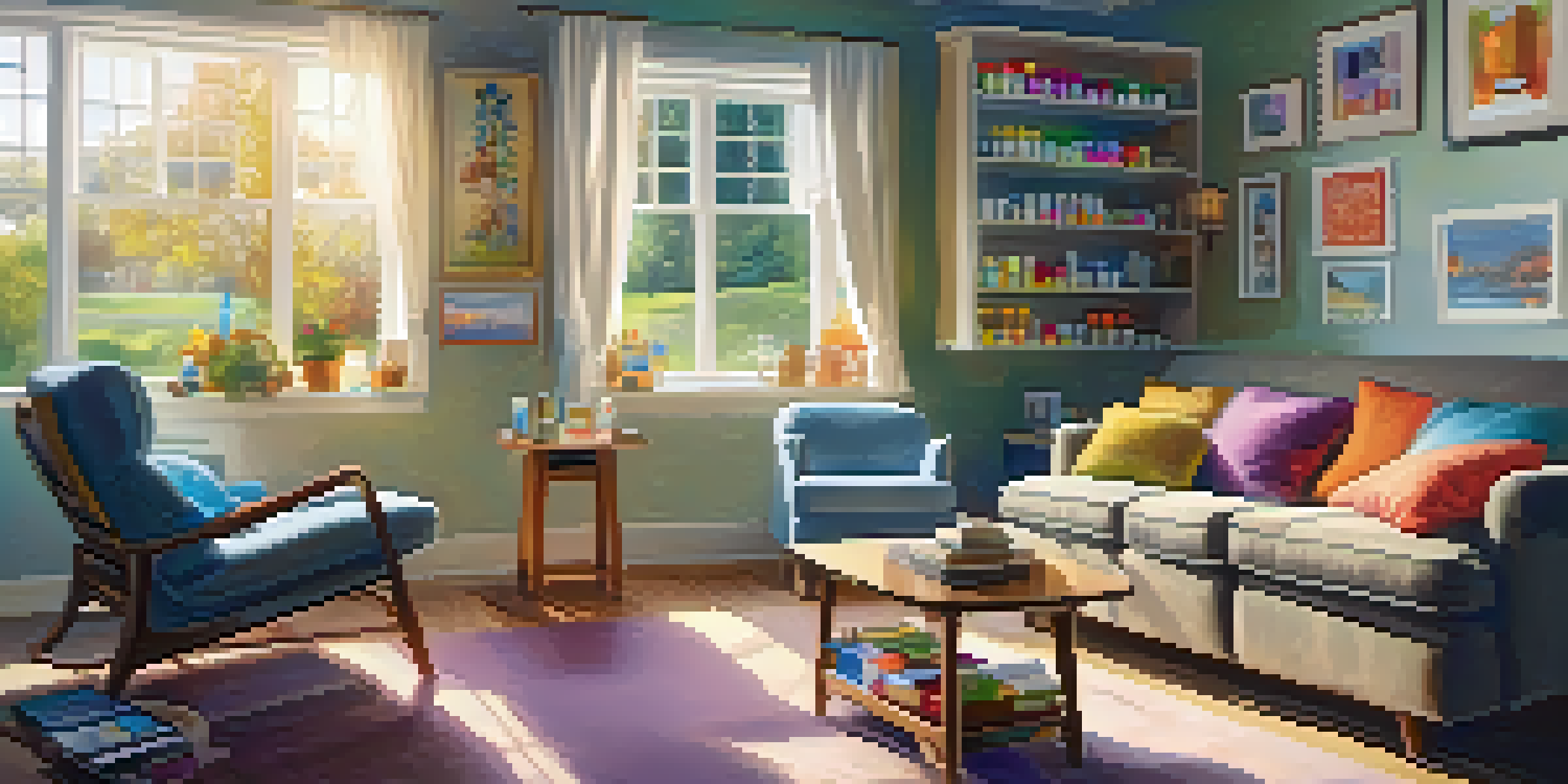 An elderly person in a cozy living room, surrounded by pill organizers and a tablet, with sunlight streaming through a window.