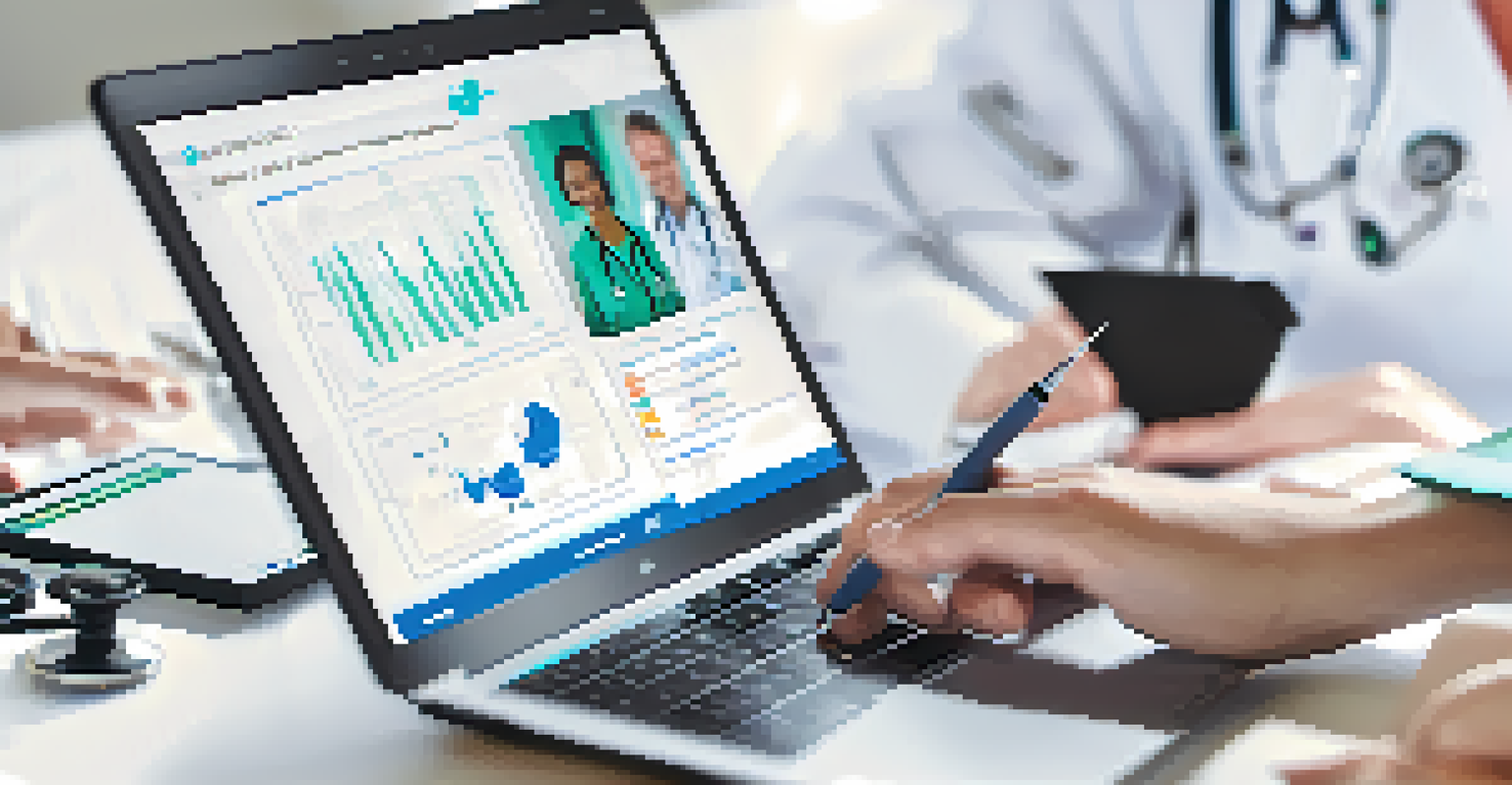 Close-up of a healthcare provider's hands typing on a laptop with a stethoscope and notepad nearby, showing a telehealth platform interface on the screen.