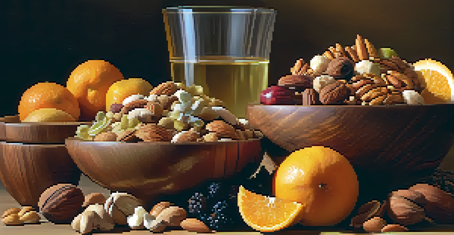 A bowl filled with nuts, seeds, and dried fruits, surrounded by fresh fruits and a glass of water.