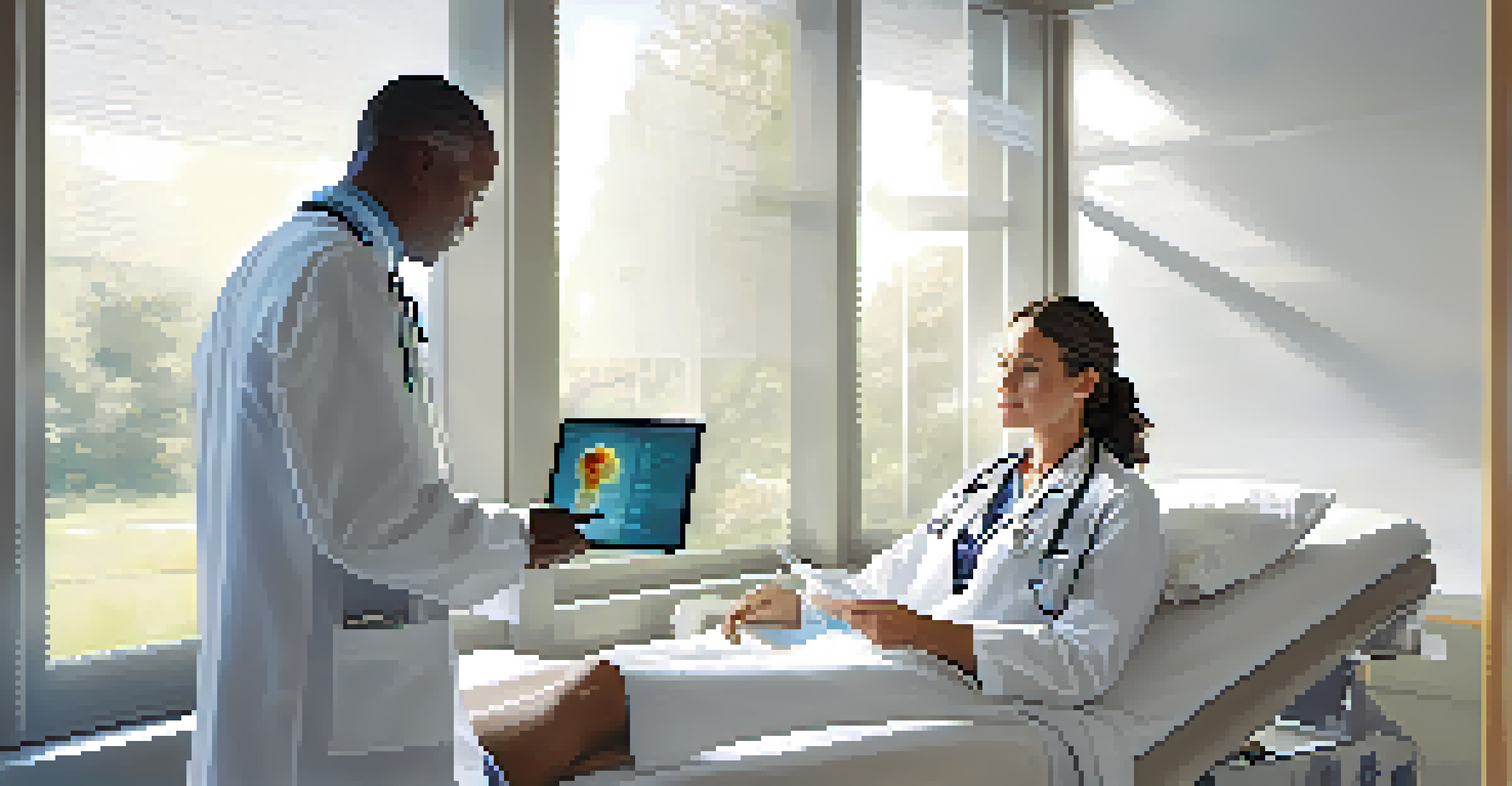 A doctor and patient discussing a treatment plan in a modern healthcare setting, with natural light and a digital tablet.