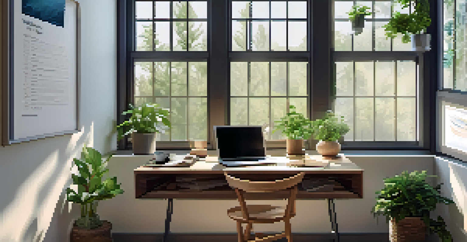 A cozy workspace with a laptop, cup of tea, and indoor plants, illuminated by natural light from a large window.