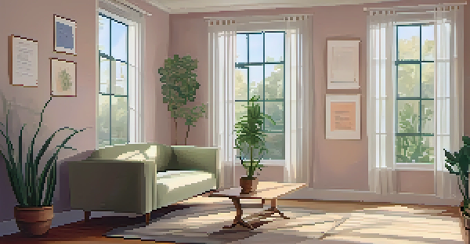 A peaceful therapy room with soft light, an armchair, and bookshelves, designed for mental health care.
