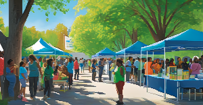 A lively community health fair with diverse people participating in health screenings and educational activities under a sunny sky.