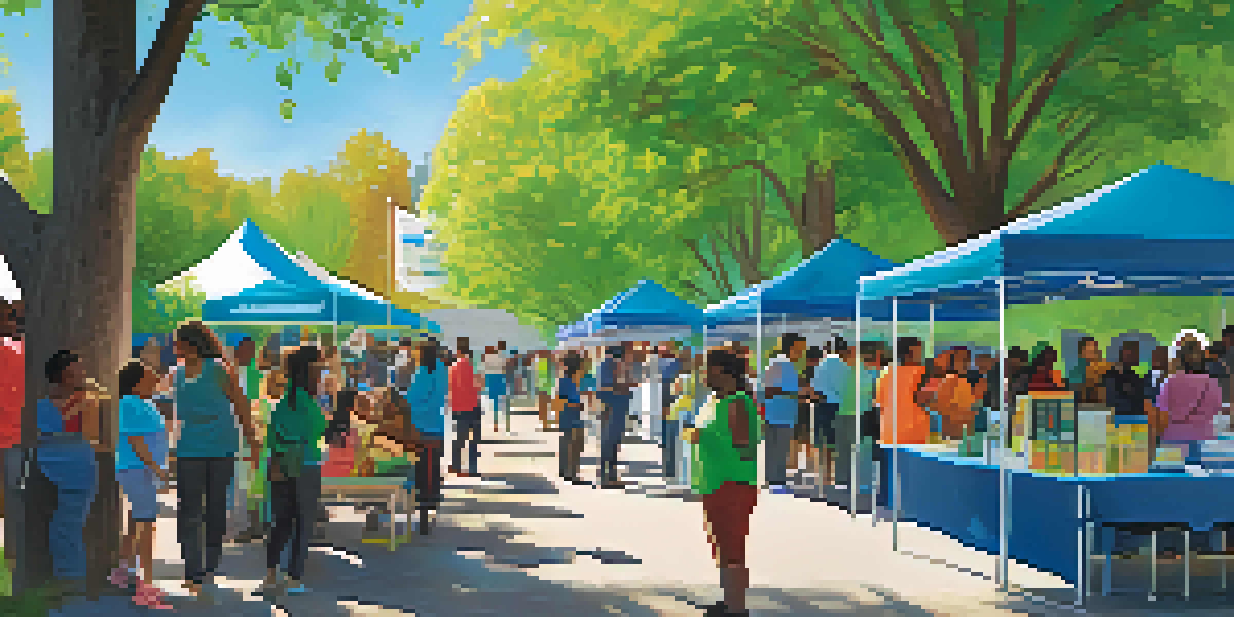 A lively community health fair with diverse people participating in health screenings and educational activities under a sunny sky.