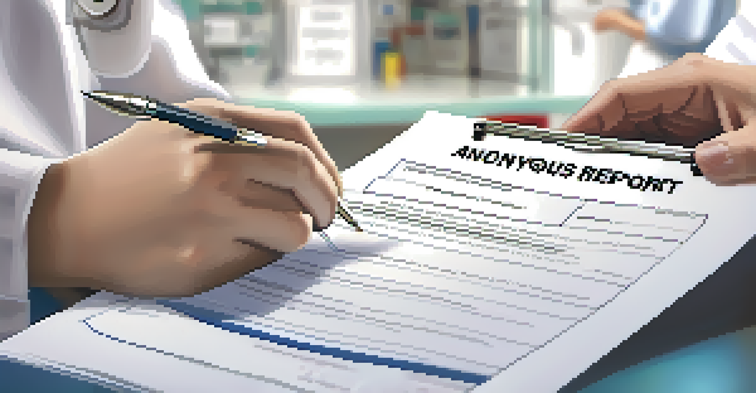 A close-up of a healthcare worker's hands filling out an anonymous safety report form in a hospital.