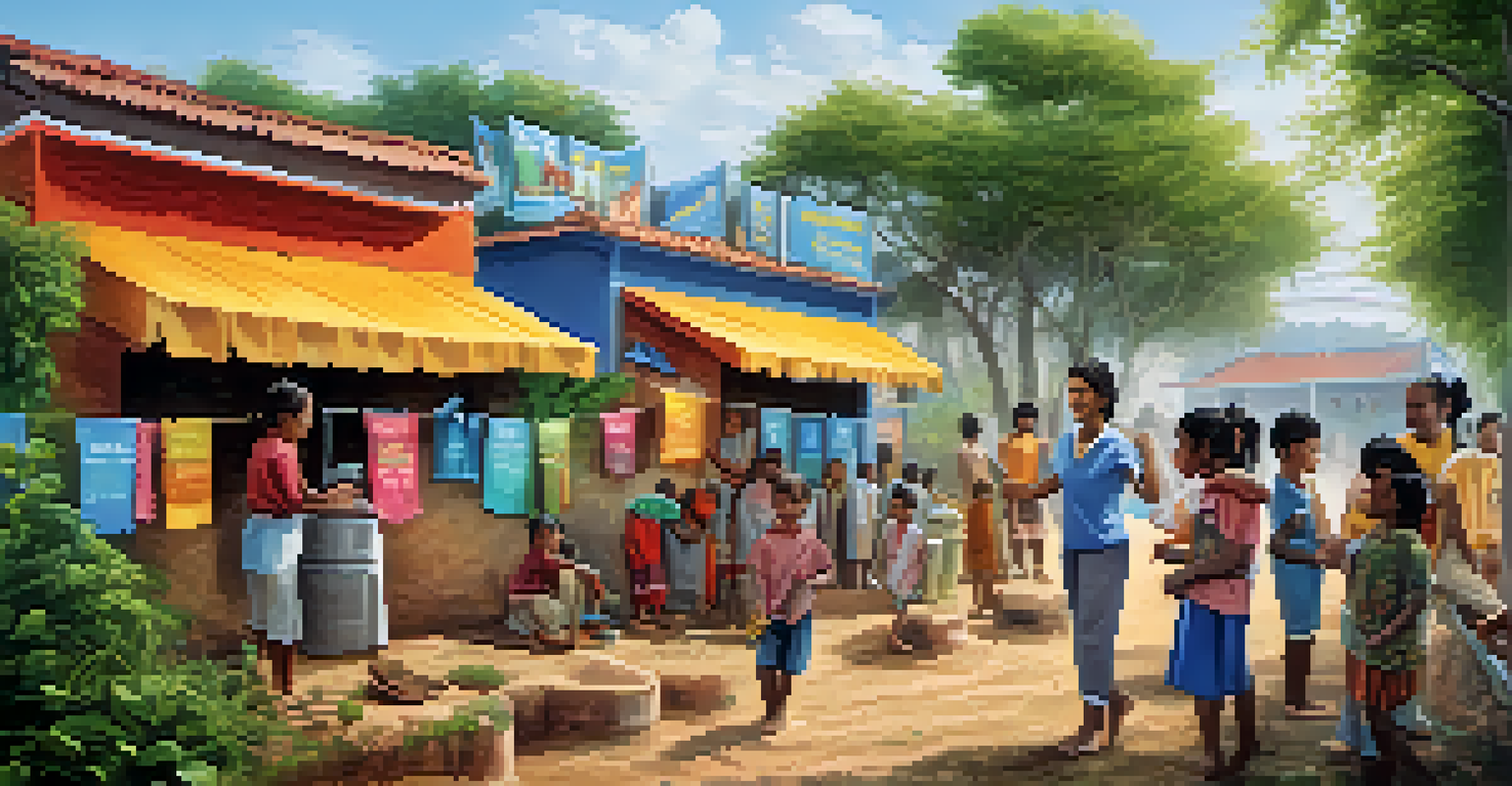 A family washing their hands at a community hygiene station, with colorful banners promoting sanitation in a green outdoor setting.