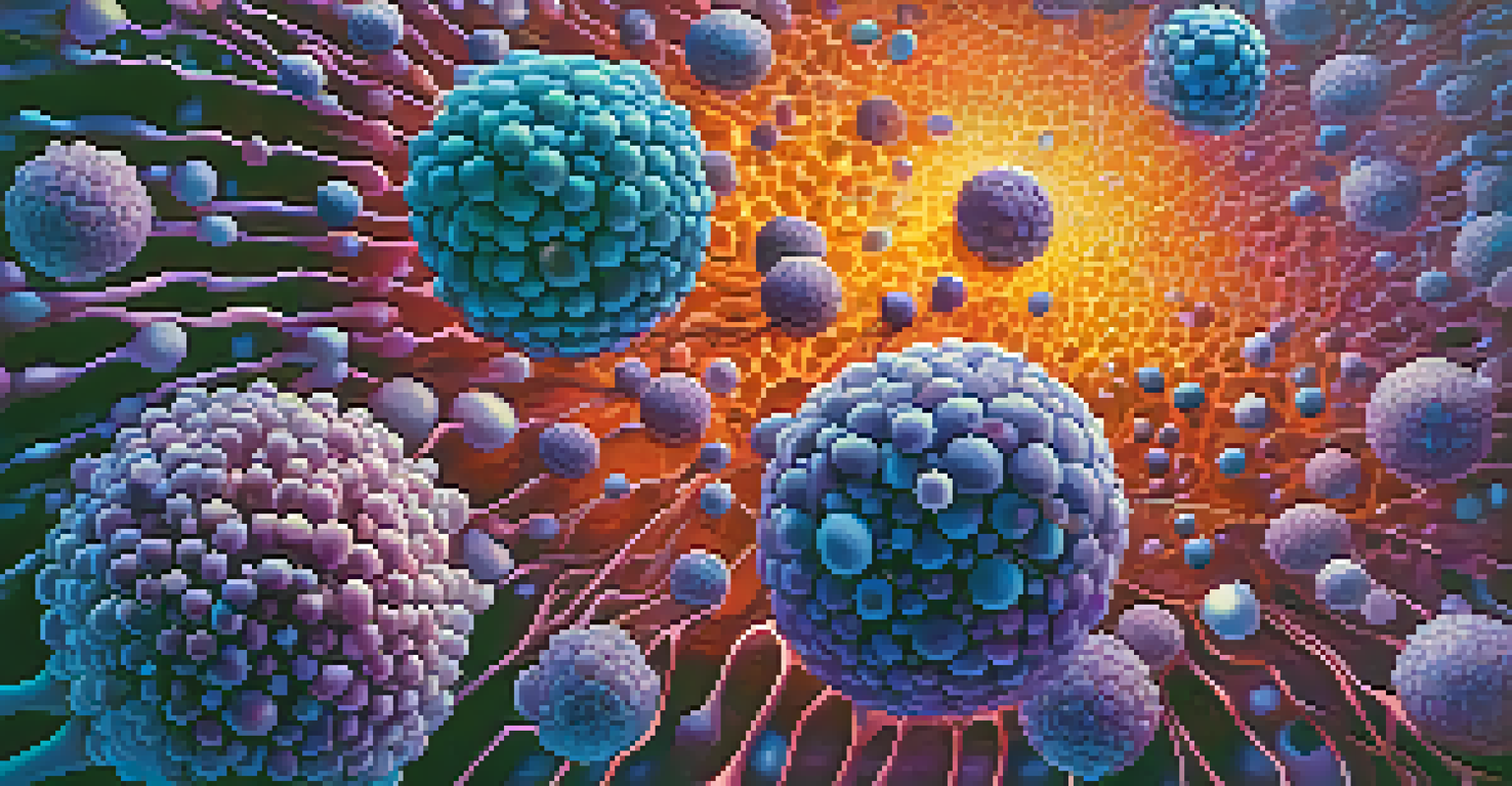 Artistic illustration of nanoparticles interacting with cancer cells, showcasing the targeted drug delivery process.