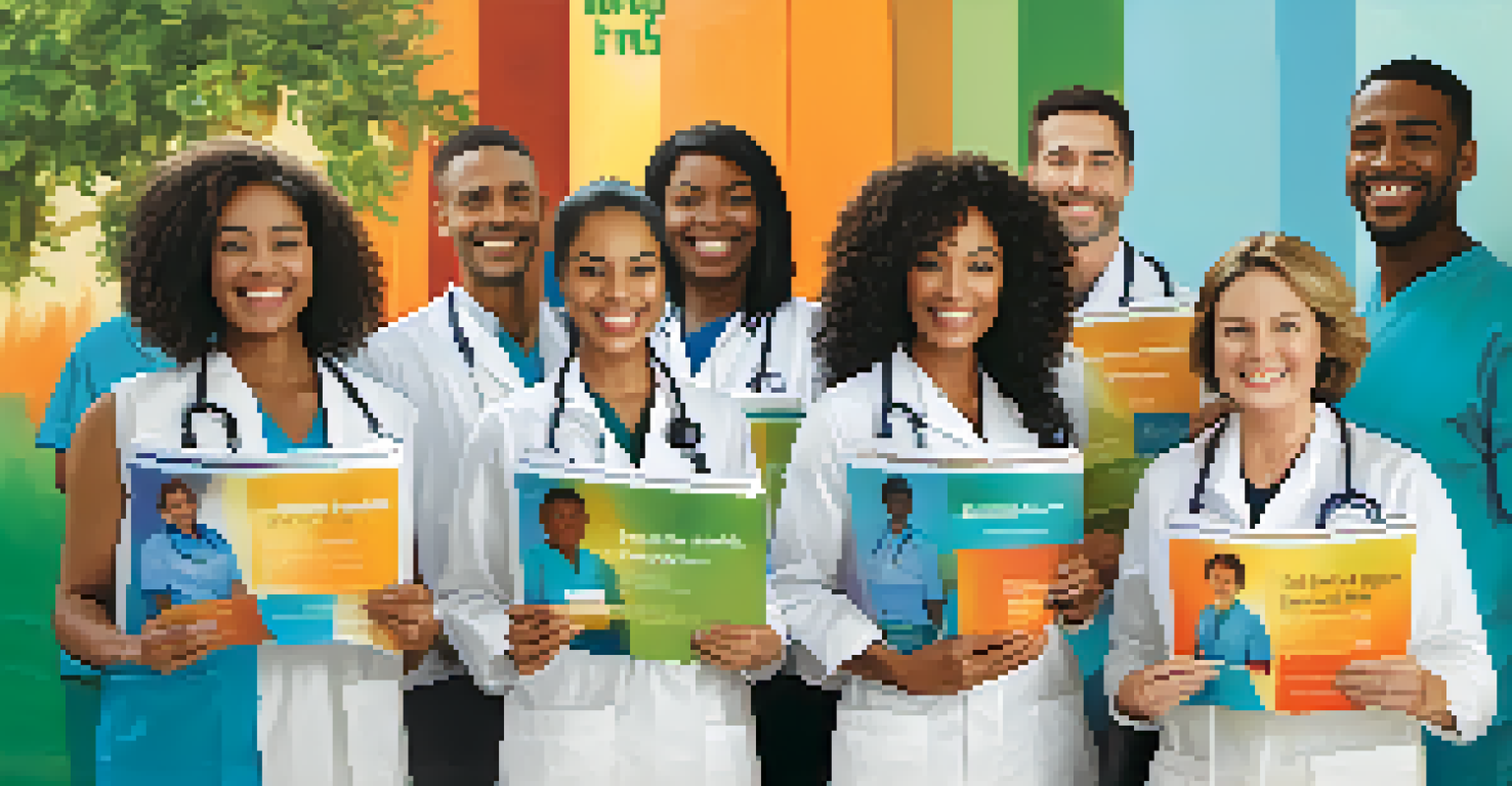 A diverse group of patients standing together, holding brochures and smiling in front of a colorful mural promoting health equity.