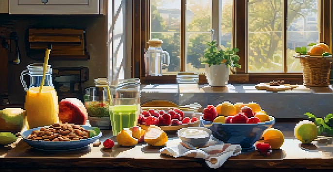 A rustic kitchen table with a healthy breakfast spread including fruits, nuts, and a smoothie, illuminated by morning light.