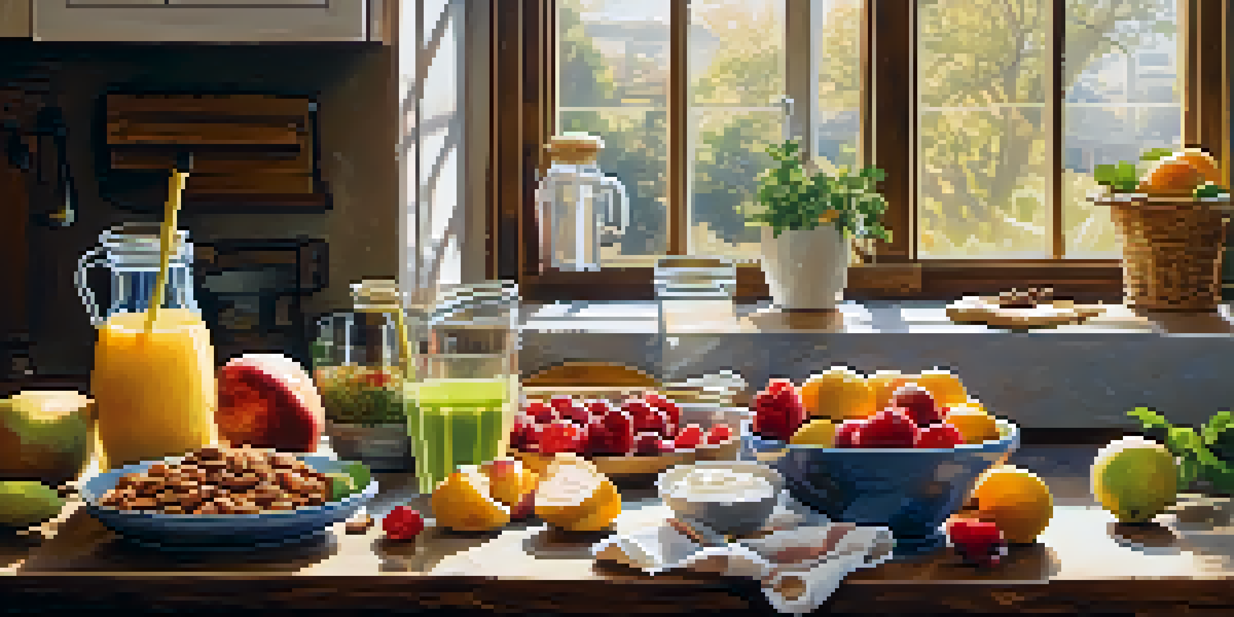A rustic kitchen table with a healthy breakfast spread including fruits, nuts, and a smoothie, illuminated by morning light.