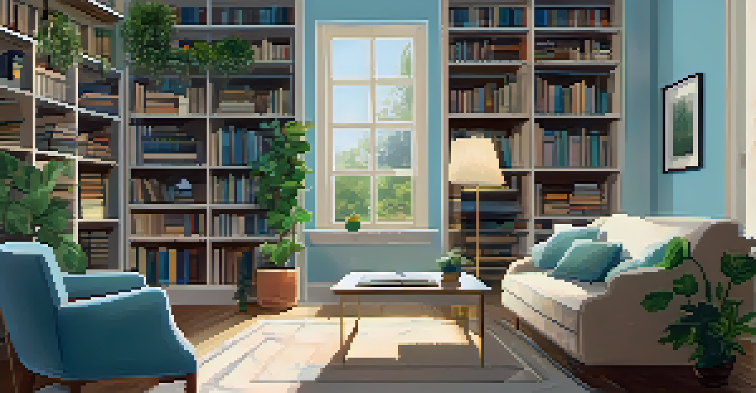 A person sitting on a couch, engaging in a virtual therapy session on a laptop in a cozy room filled with bookshelves and plants.