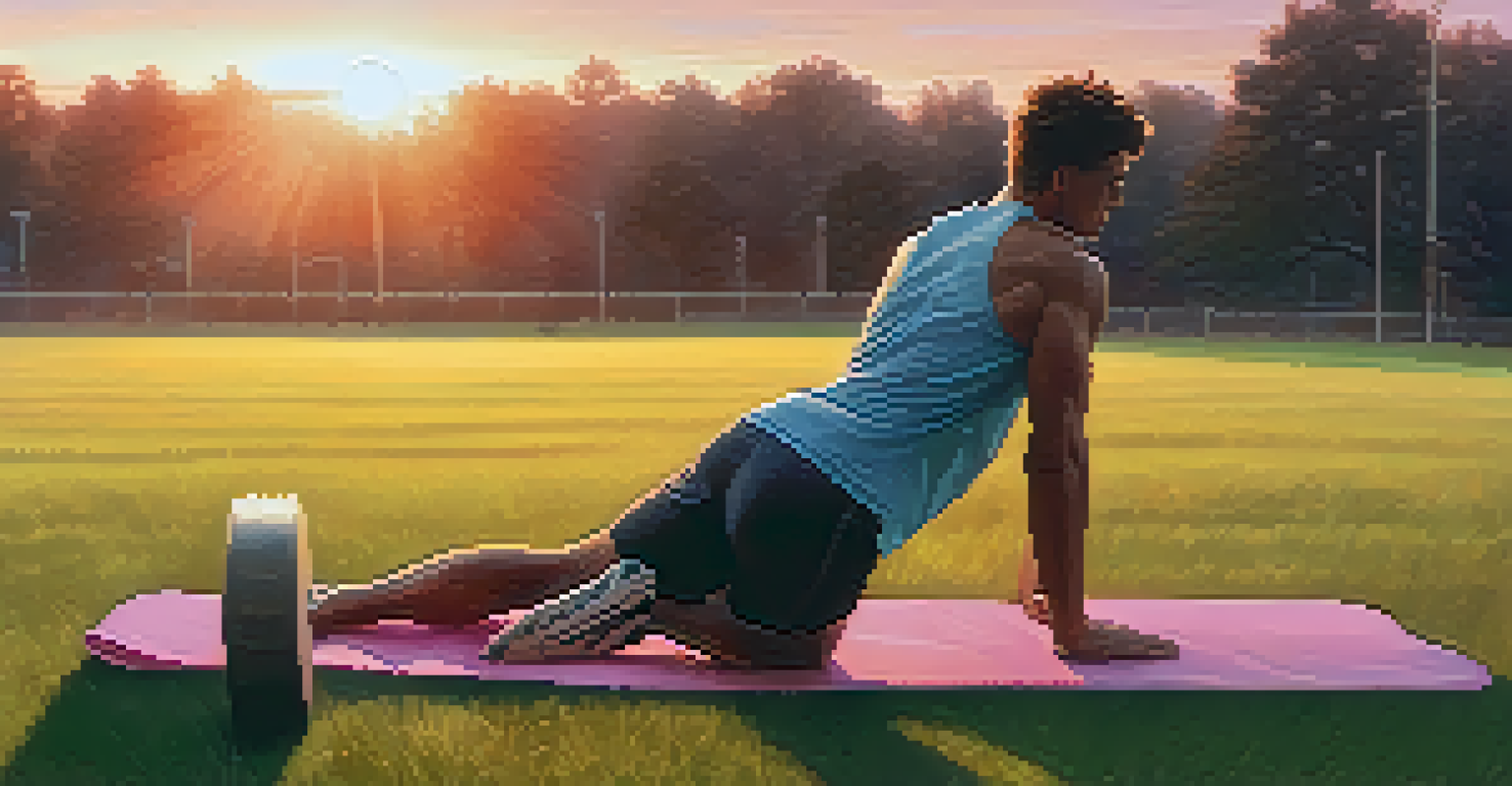 A male athlete using a foam roller on a grassy field during sunset after training.