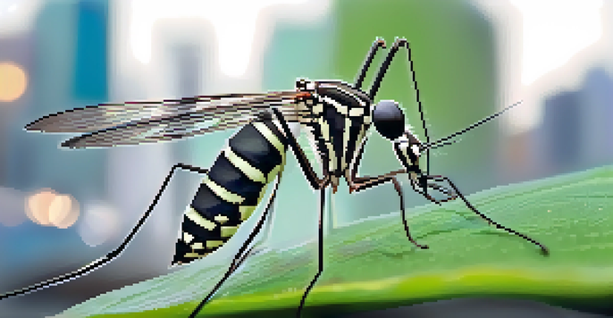 A close-up of a mosquito on a leaf, showcasing its distinctive features in a vibrant urban background.