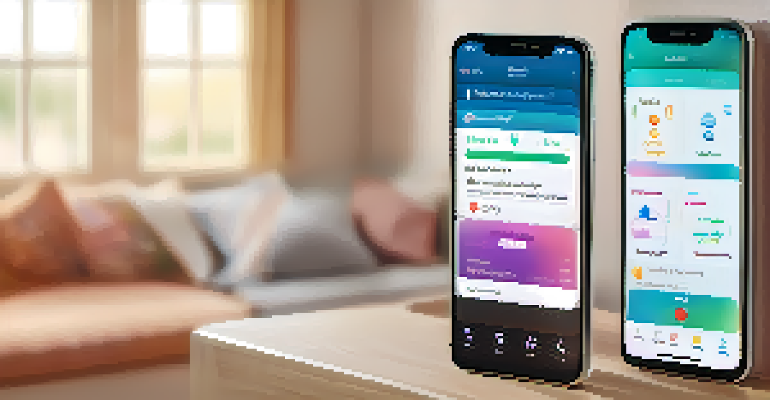 A close-up of a smartphone with a health tracking app, set in a cozy living space.
