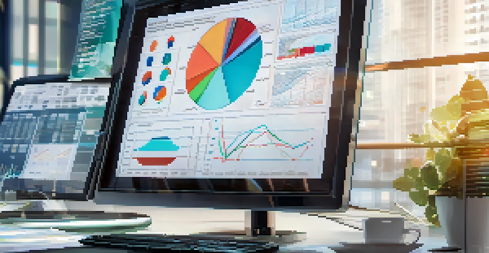 A healthcare professional examining data on a computer with colorful charts and graphs in a modern office environment.