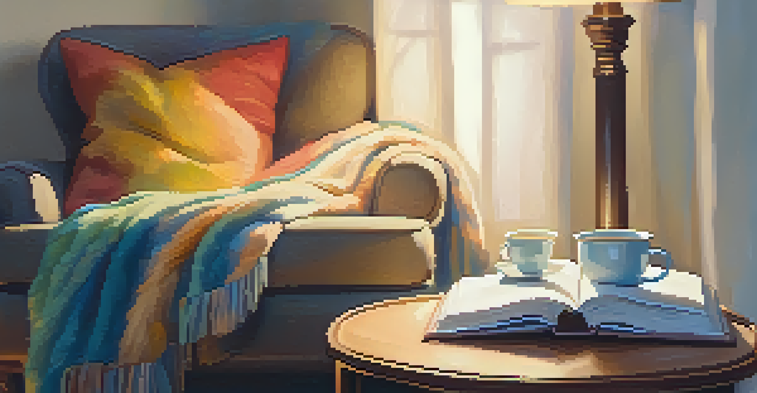 A cozy reading nook with an armchair, a cup of tea, and a book, bathed in warm light.