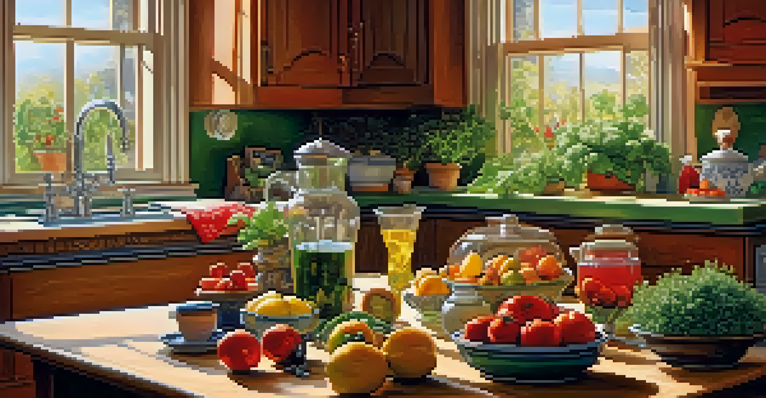 A cozy kitchen table filled with fresh fruits, vegetables, and herbal teas, illuminated by warm lighting.