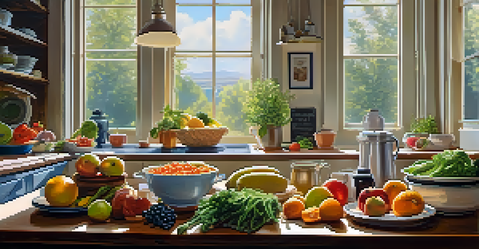 A cozy kitchen with a wooden table filled with fresh fruits, vegetables, and a balanced meal, illuminated by soft morning light.