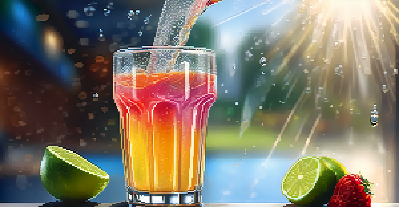 A close-up of a colorful sports drink being poured into a glass, with condensation on the glass and a blurred gym background.