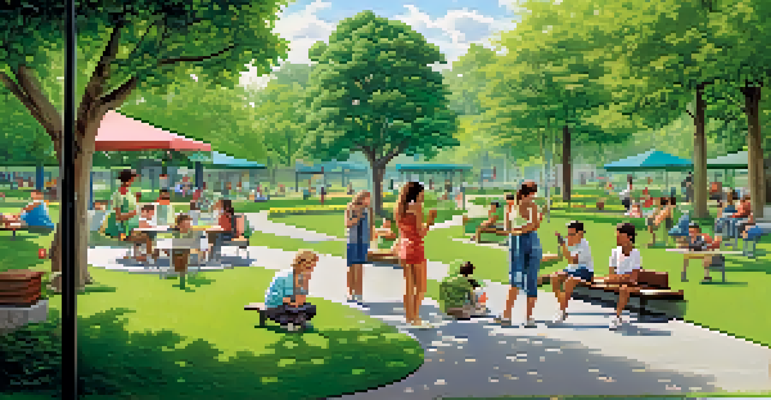 A smoke-free park scene with diverse people enjoying the outdoors, surrounded by greenery and health promotion signs.