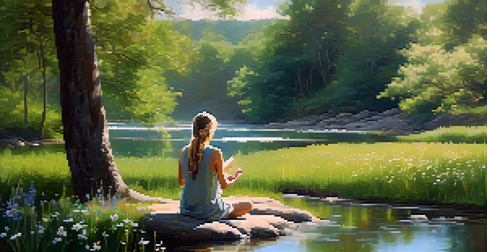 A person meditating outdoors in a peaceful environment surrounded by flowers and a stream.
