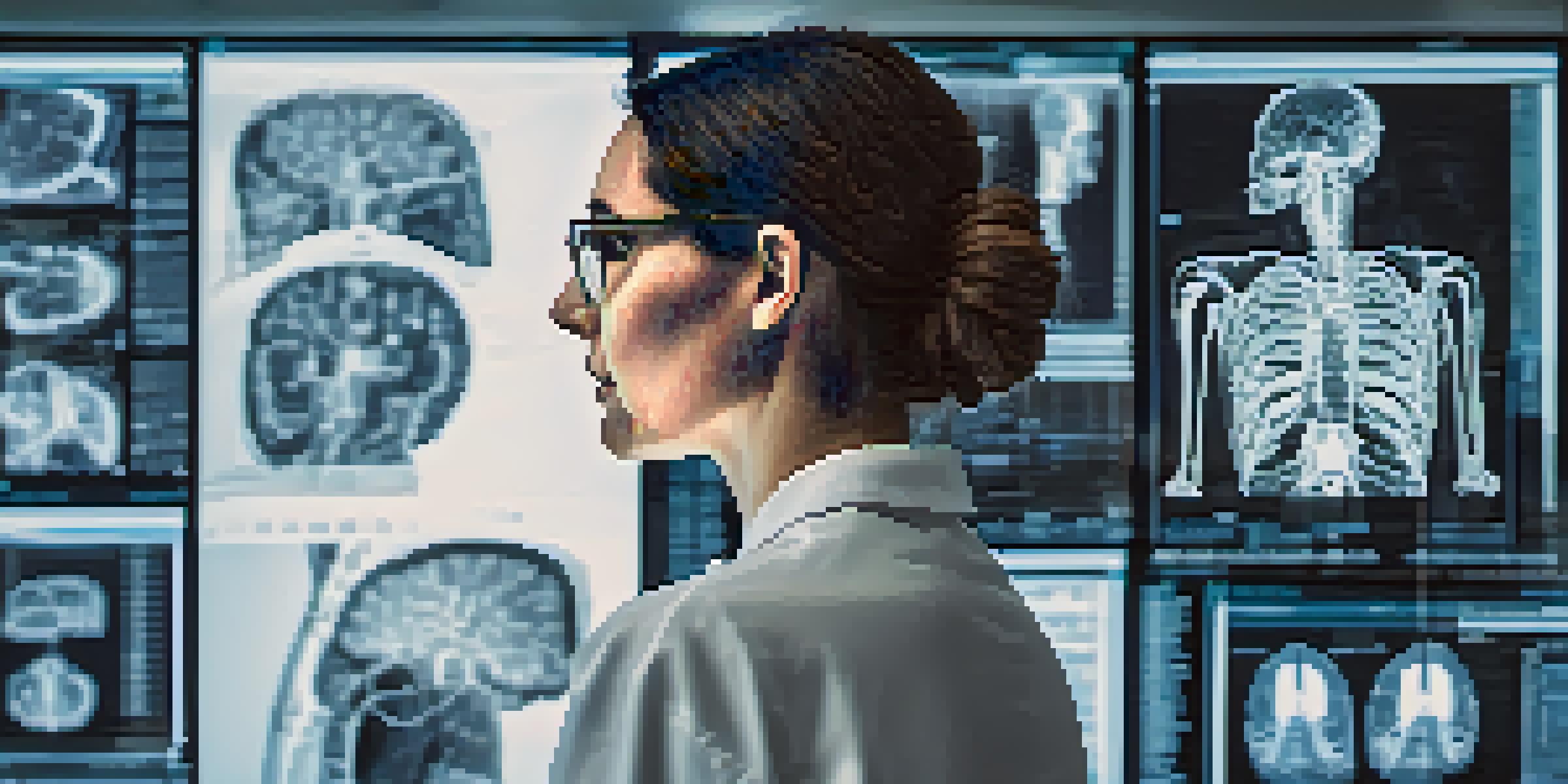 A female radiologist in a modern office analyzing a CT scan on a large screen, surrounded by advanced imaging technology.