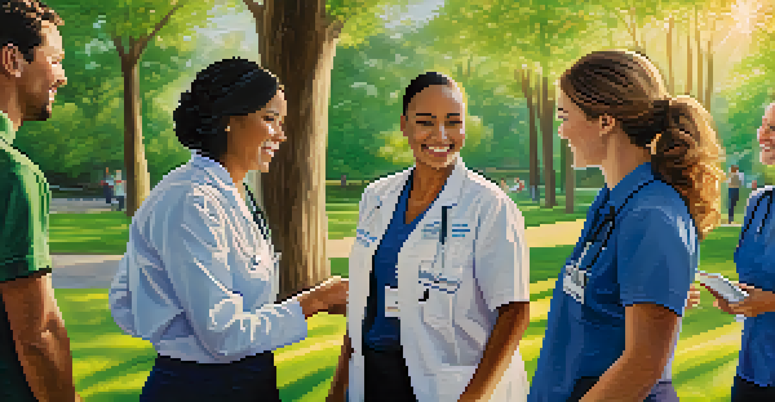 A diverse healthcare team engaged in a trust fall exercise outdoors, surrounded by trees in a sunny park.