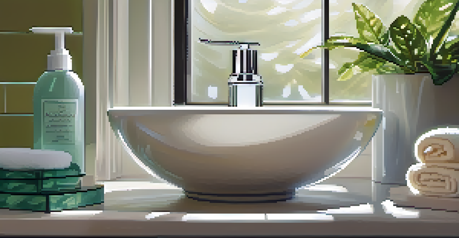 A bathroom sink with skincare products arranged neatly, illuminated by soft natural light with a potted plant.