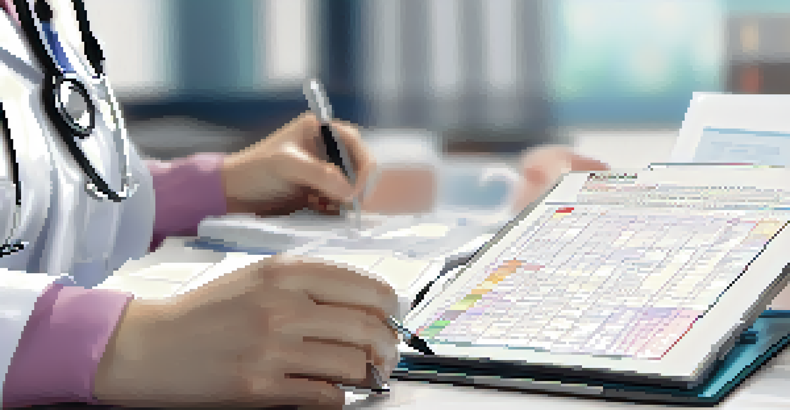 Close-up of a nurse's hands writing on a patient care chart with a stethoscope and laptop nearby.