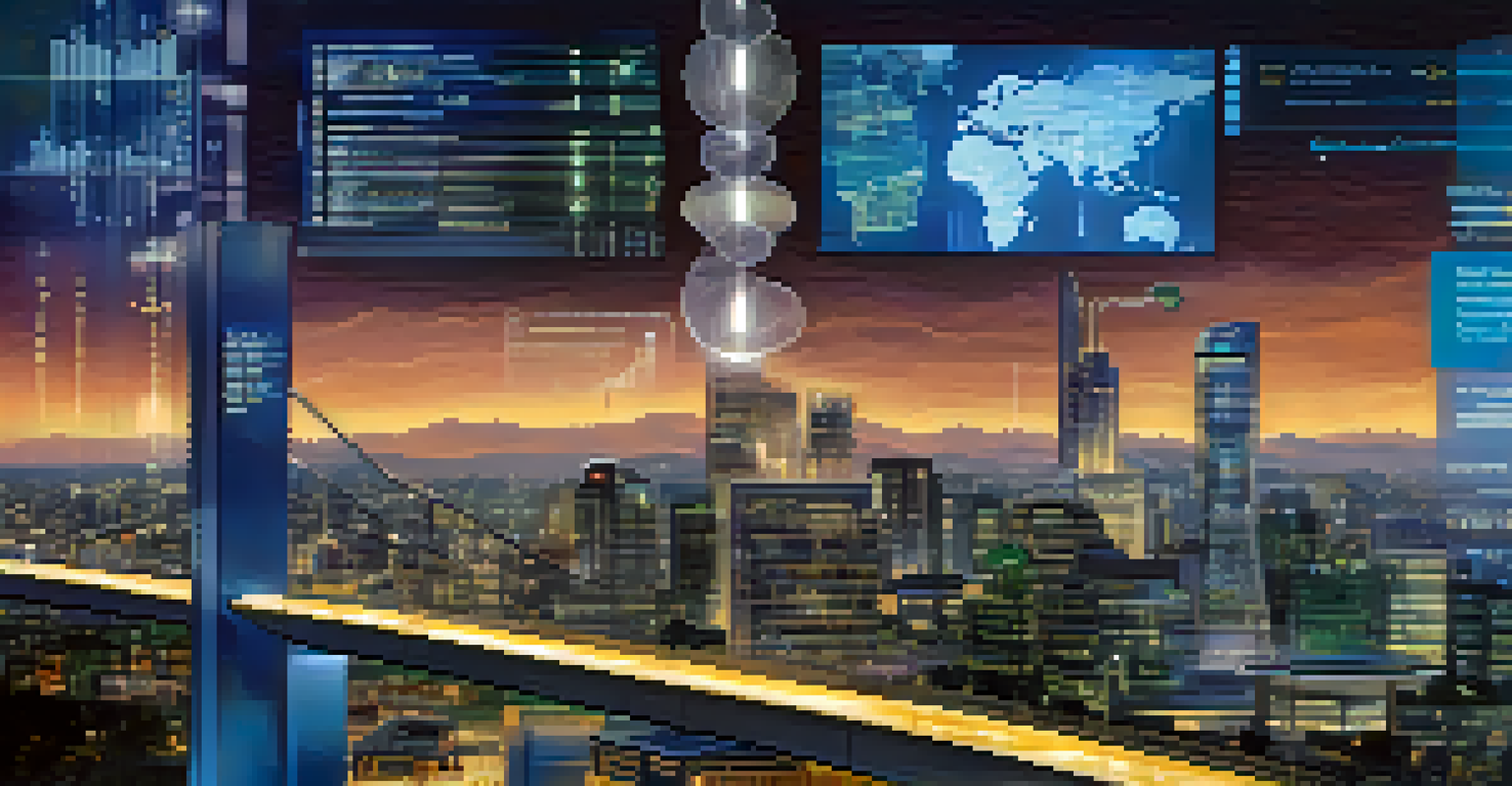 A digital interface showcasing genomic medicine advancements against a city skyline at dusk, representing hope and innovation.