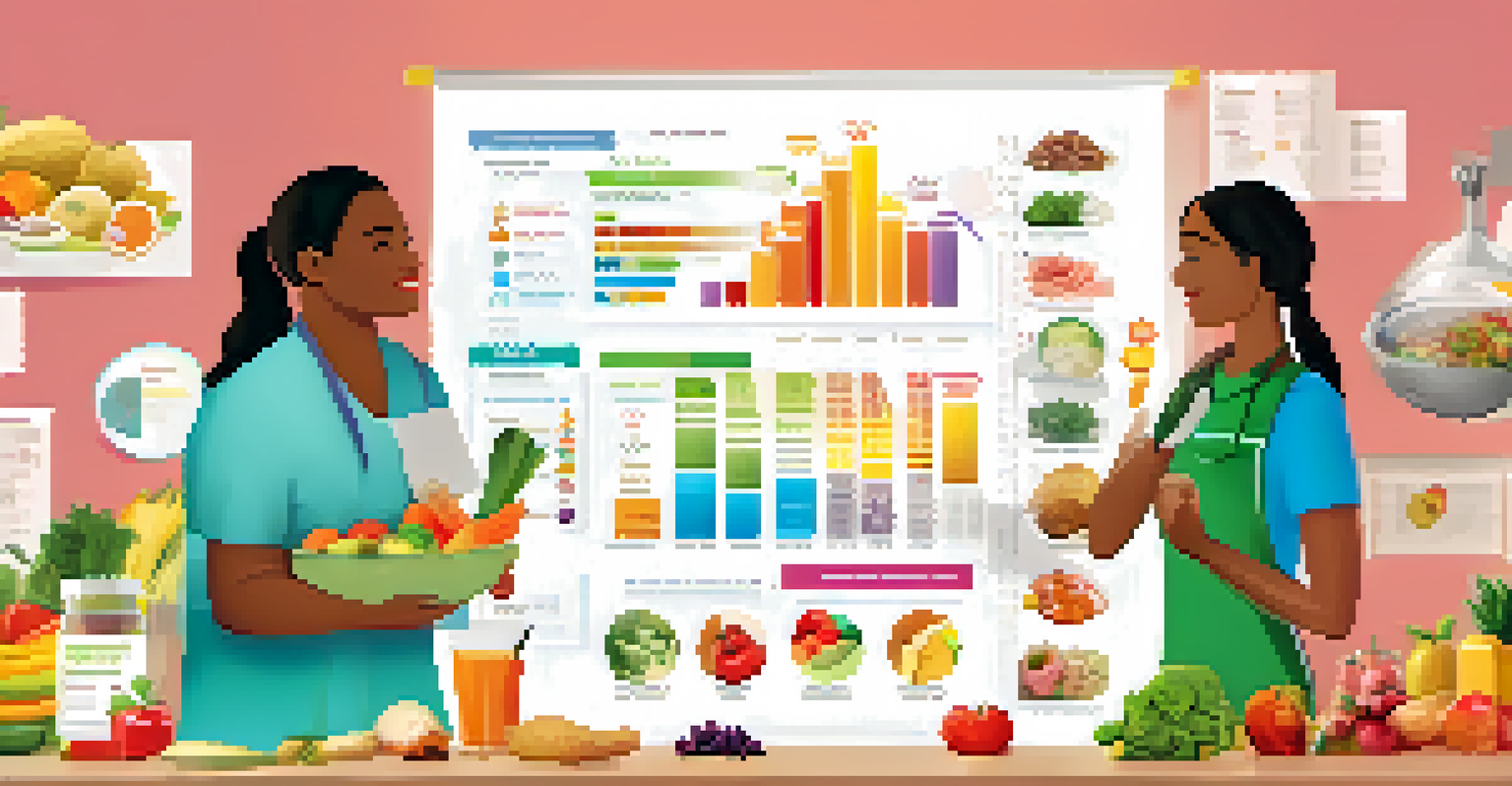 An infographic illustrating personalized nutrition with people enjoying healthy foods and genetic markers in the background.