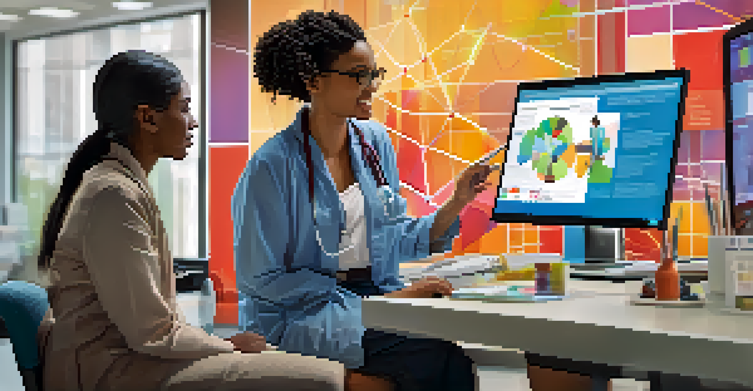A patient and advocate discussing health information using a laptop in a modern setting.