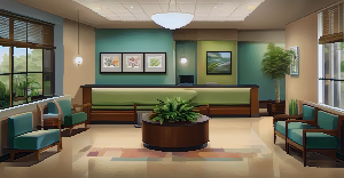 A welcoming healthcare waiting room with comfortable seating and a friendly receptionist.