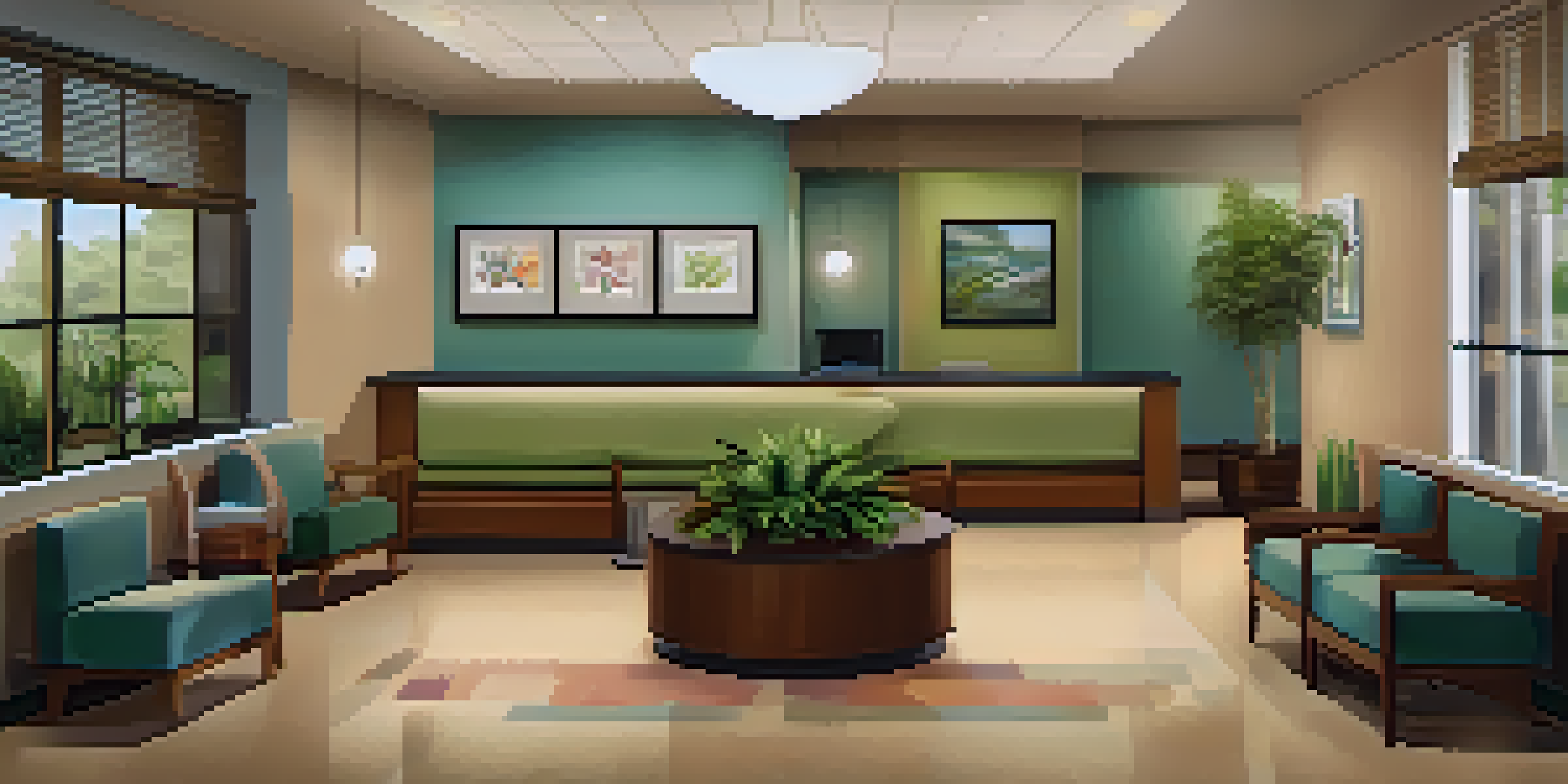 A welcoming healthcare waiting room with comfortable seating and a friendly receptionist.