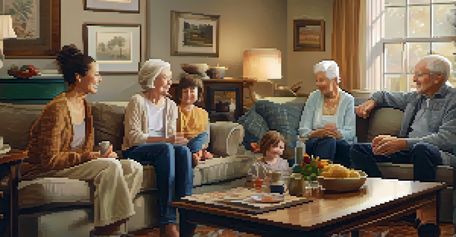 A warm family gathering with multiple generations sharing health stories in a cozy living room.