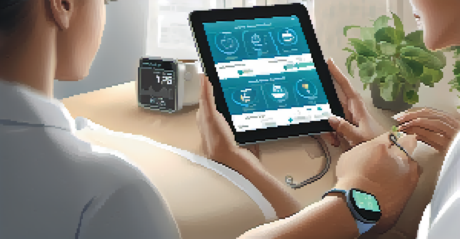 A close-up of a patient wearing a health device, with a healthcare professional analyzing data in a cozy clinic room.